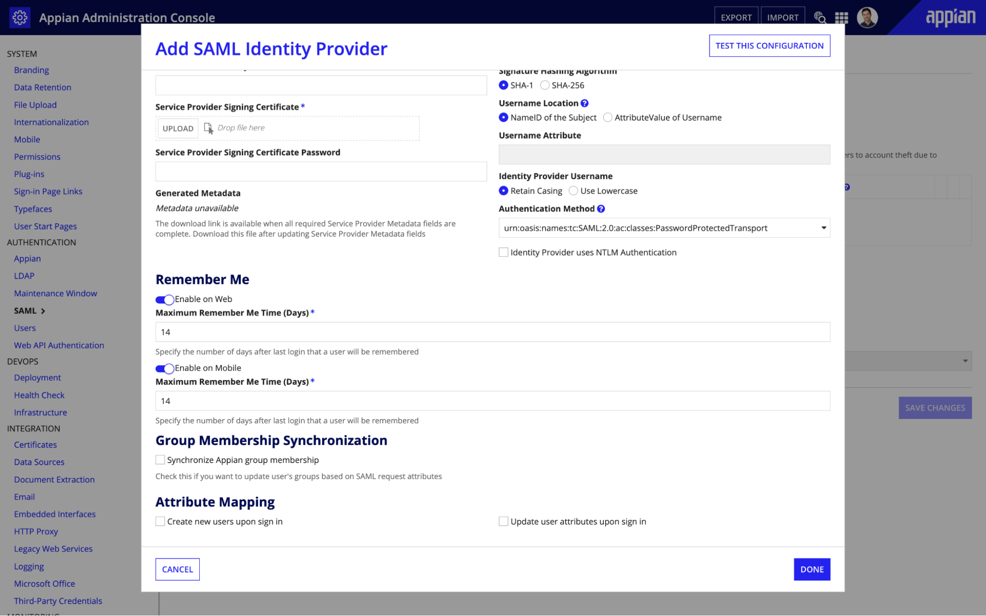 SAML Identify Provider - "Remember Me"