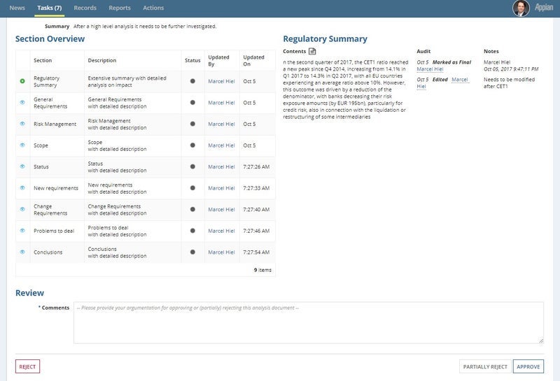 appian regulatory intelligence database task section overview