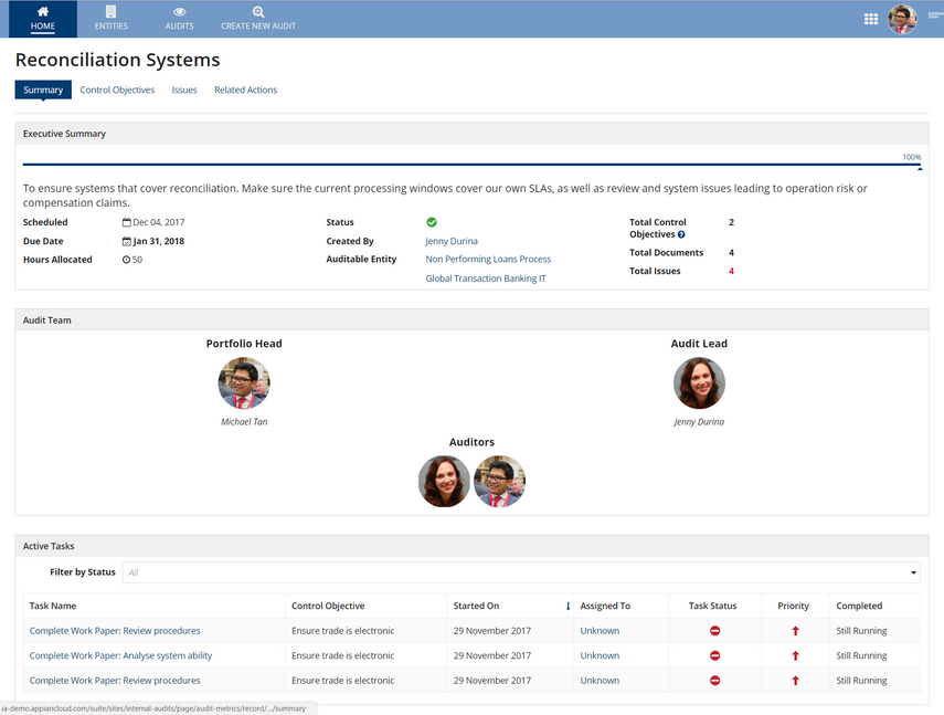 appian financial services internal audit reconciliation systems dashboard
