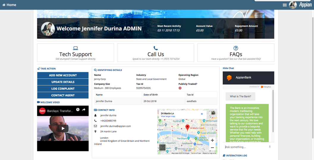 appian financial customer on-boarding coordination admin home dashboard