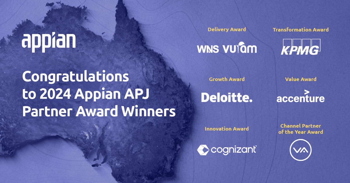 The 2024 Appian APJ Partner Award recognises WNS Vuram, Deloitte, Cognizant, KPMG, Accenture, and Via Appia for delivering process excellence.