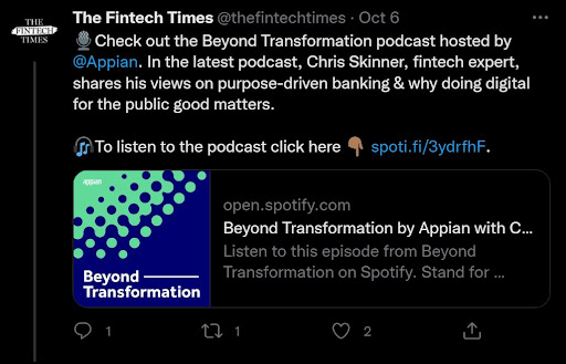 Tweet about Beyond Transformation by the Fintech Times