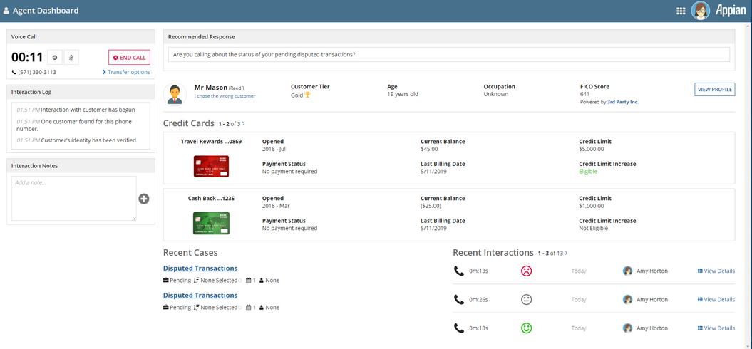 appian intelligent contact center credit card agent dashboard