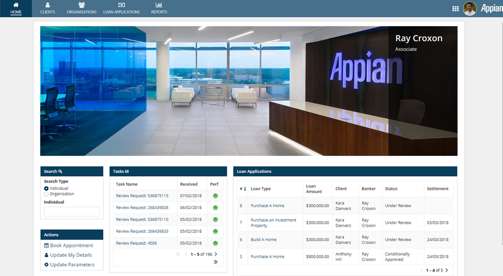 appian loan origination associate home dashboard
