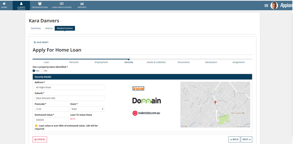 appian loan management client dashboard apply for home loand security details