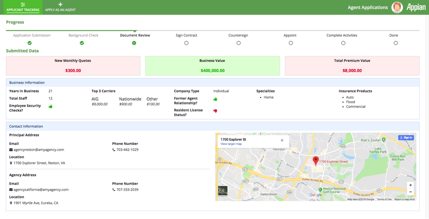 appian insurance agent applicant tracking dashboard