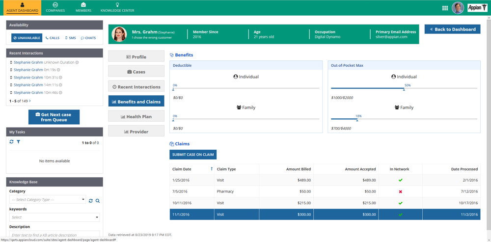 appian intelligent contact center agent benefits and claims dashboard