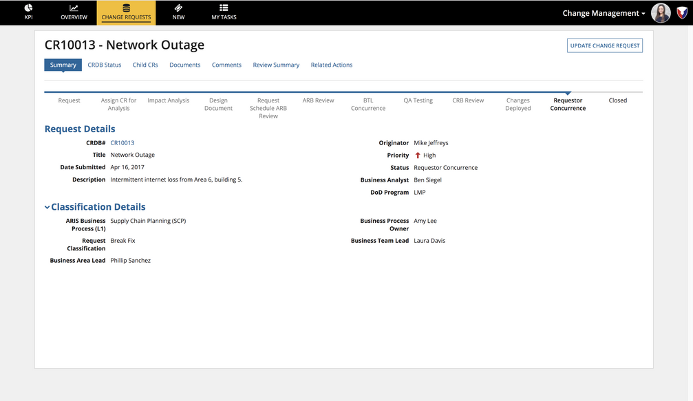 appian it applications management system change requests network outage dashboard