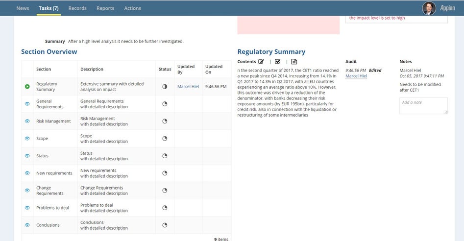 appian regulatory intelligence tasks overview dashboard