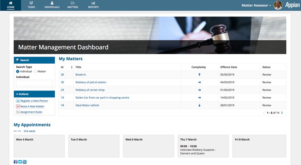appian legal manner management my matters dashboard
