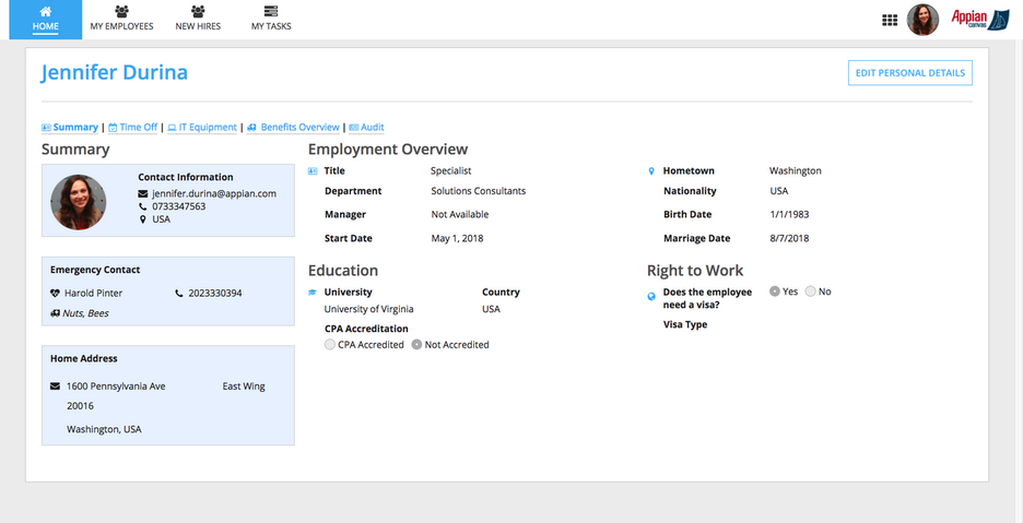 appian human resources employee personal details summary
