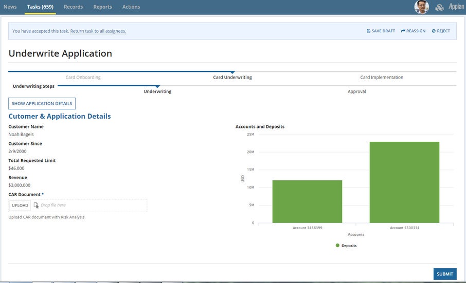 appian bank payments and card operations customer application dashboard